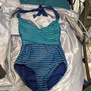 Women’s' Stripe One-Piece Halter Swimsuit - Navy & Teal